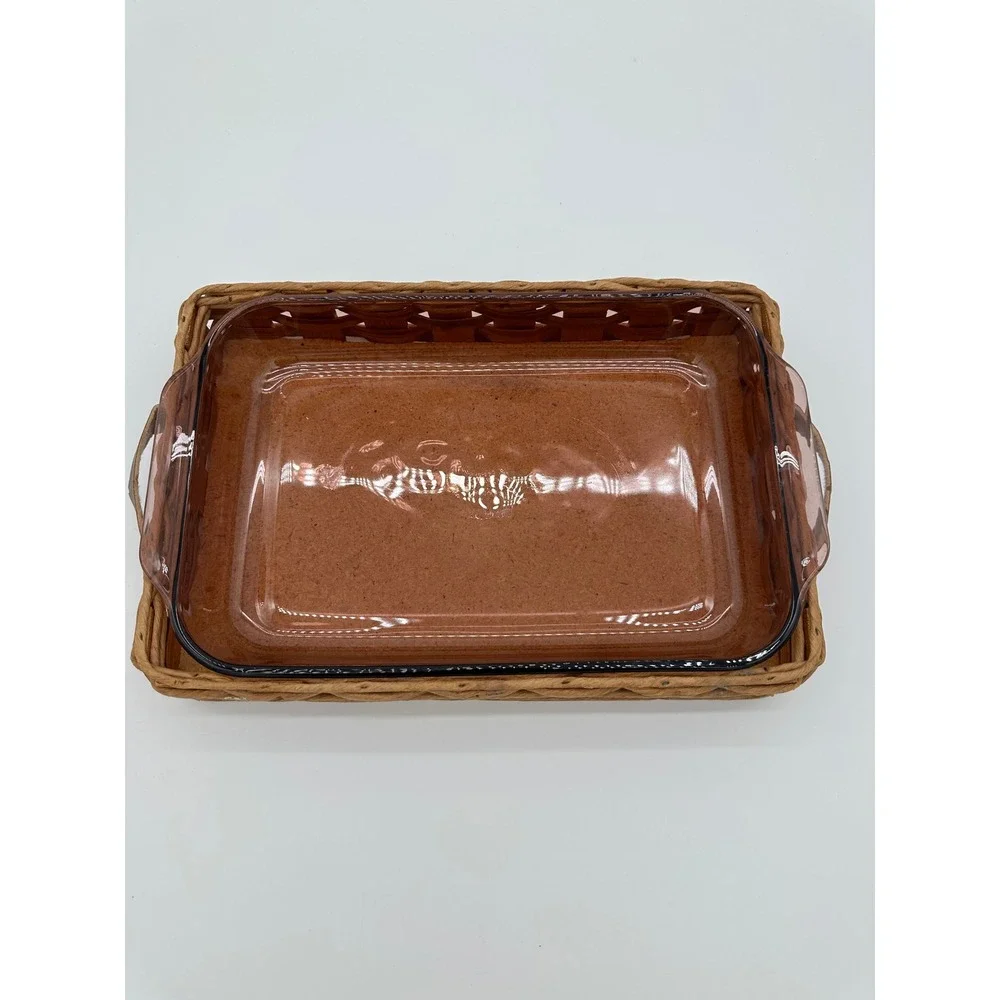 Pyrex‎ Baking Dish with Basket Carrier Vintage Vision Cranberry Glass 233 3qt